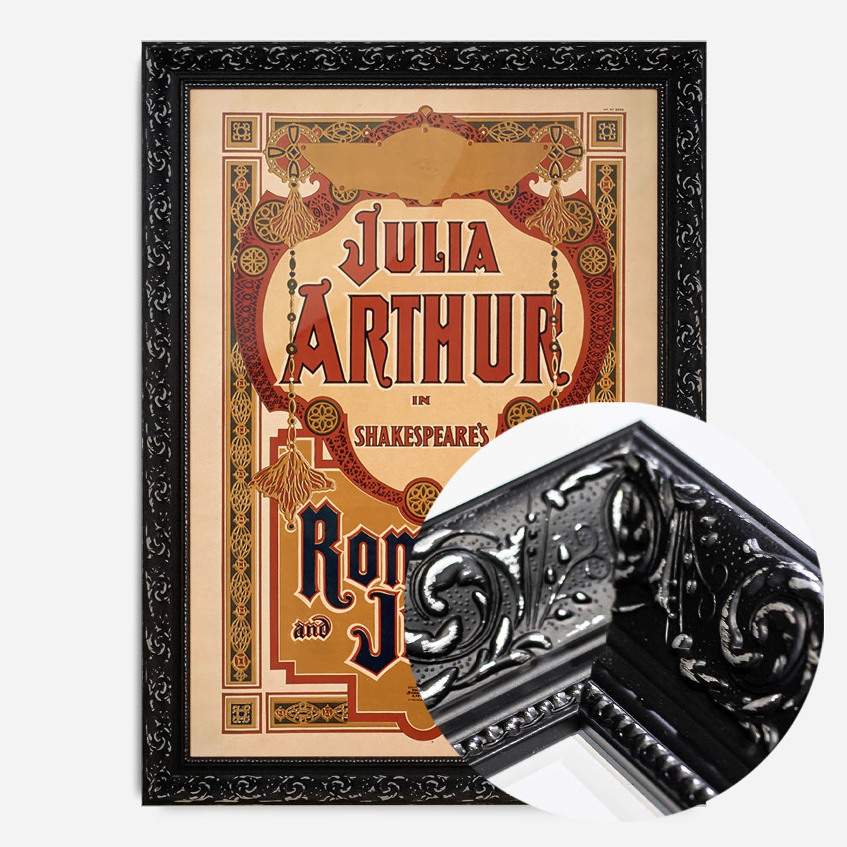 vintage Shakespeare theatre poster print in a black ornate frame, side profile