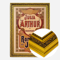 vintage Shakespeare theatre poster print in a gold ornate frame, side profile