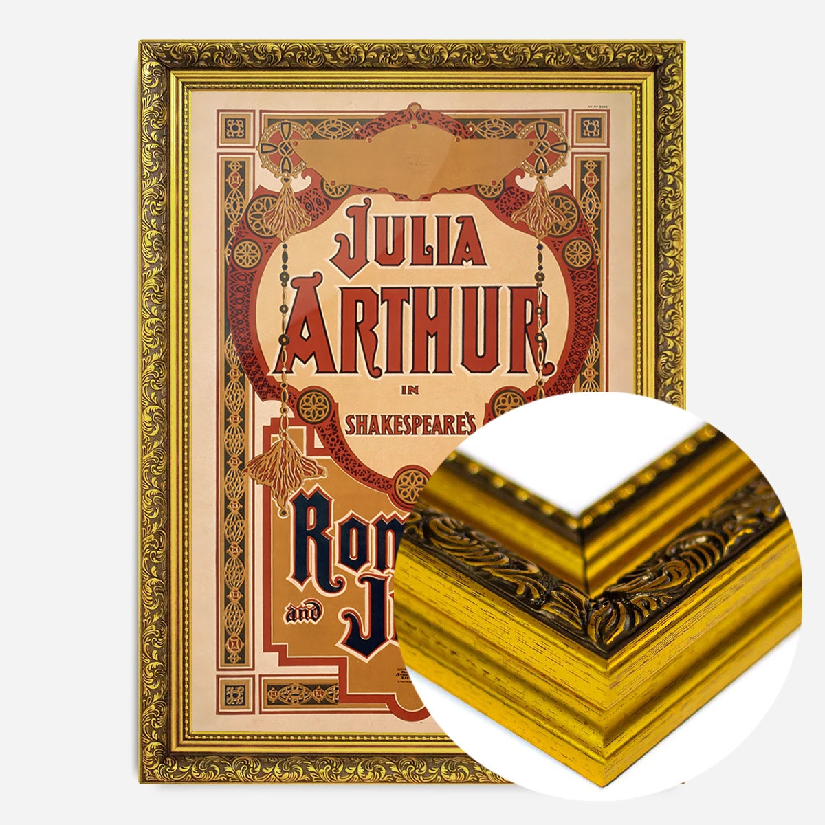 vintage Shakespeare theatre poster print in a gold ornate frame, side profile