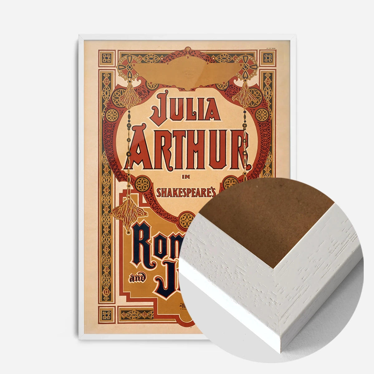 vintage Shakespeare theatre poster print in a white wood frame, side profile