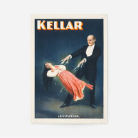 Kellar magician poster: vintage levitation illustration of a magician lifting a woman in a red dress against deep blue