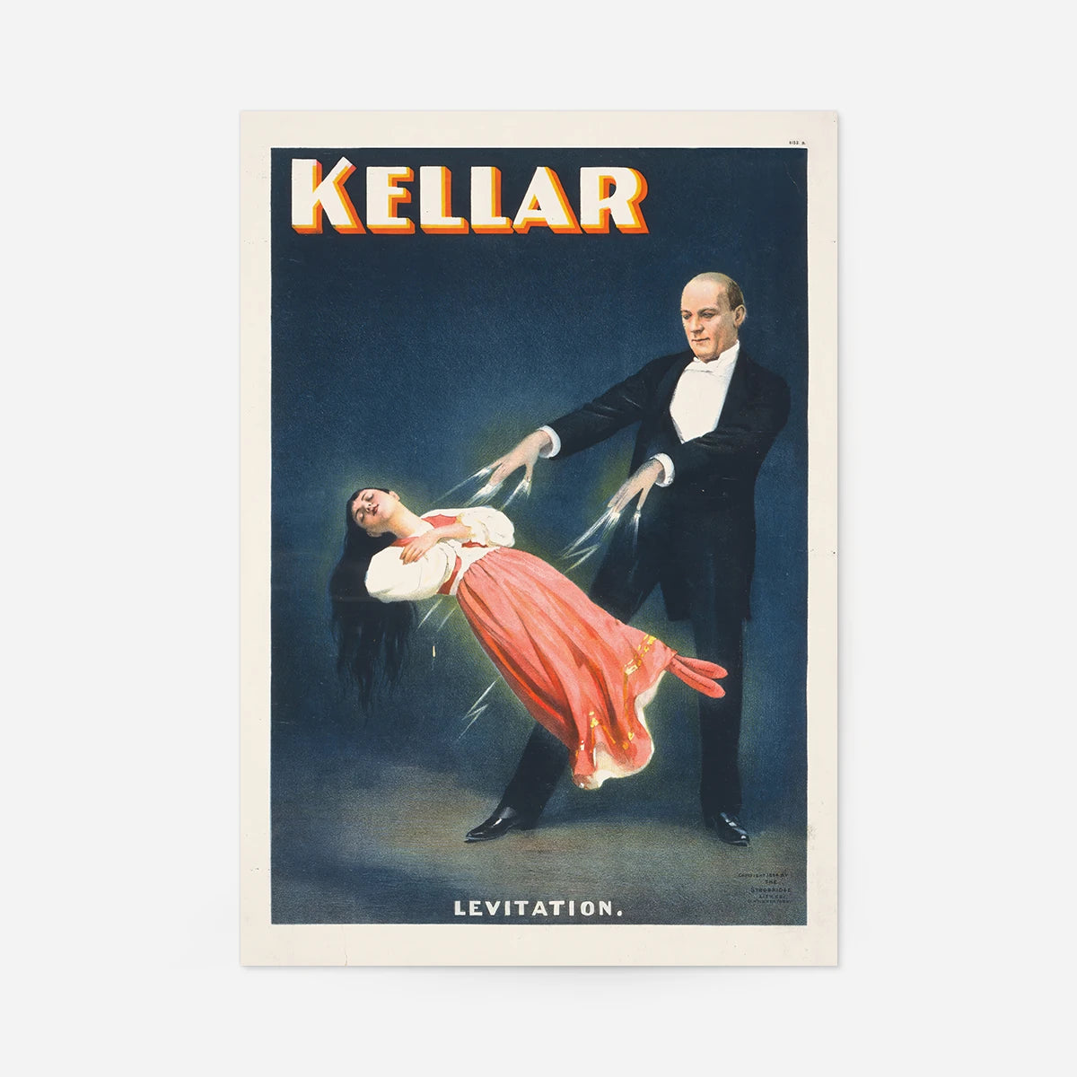 Kellar magician poster: vintage levitation illustration of a magician lifting a woman in a red dress against deep blue
