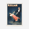 Kellar magician poster: vintage levitation illustration of a magician lifting a woman in a red dress against deep blue