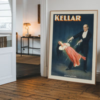 Vintage magician levitation print displayed on a hallway wall