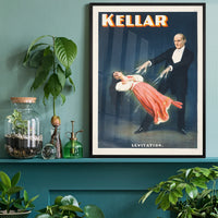 Vintage magician levitation poster framed on an office wall