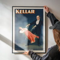 Kellar Levitation print brightening a kitchen wall with retro showman style