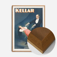 vintage magician levitation print in an oak wood frame, side profile