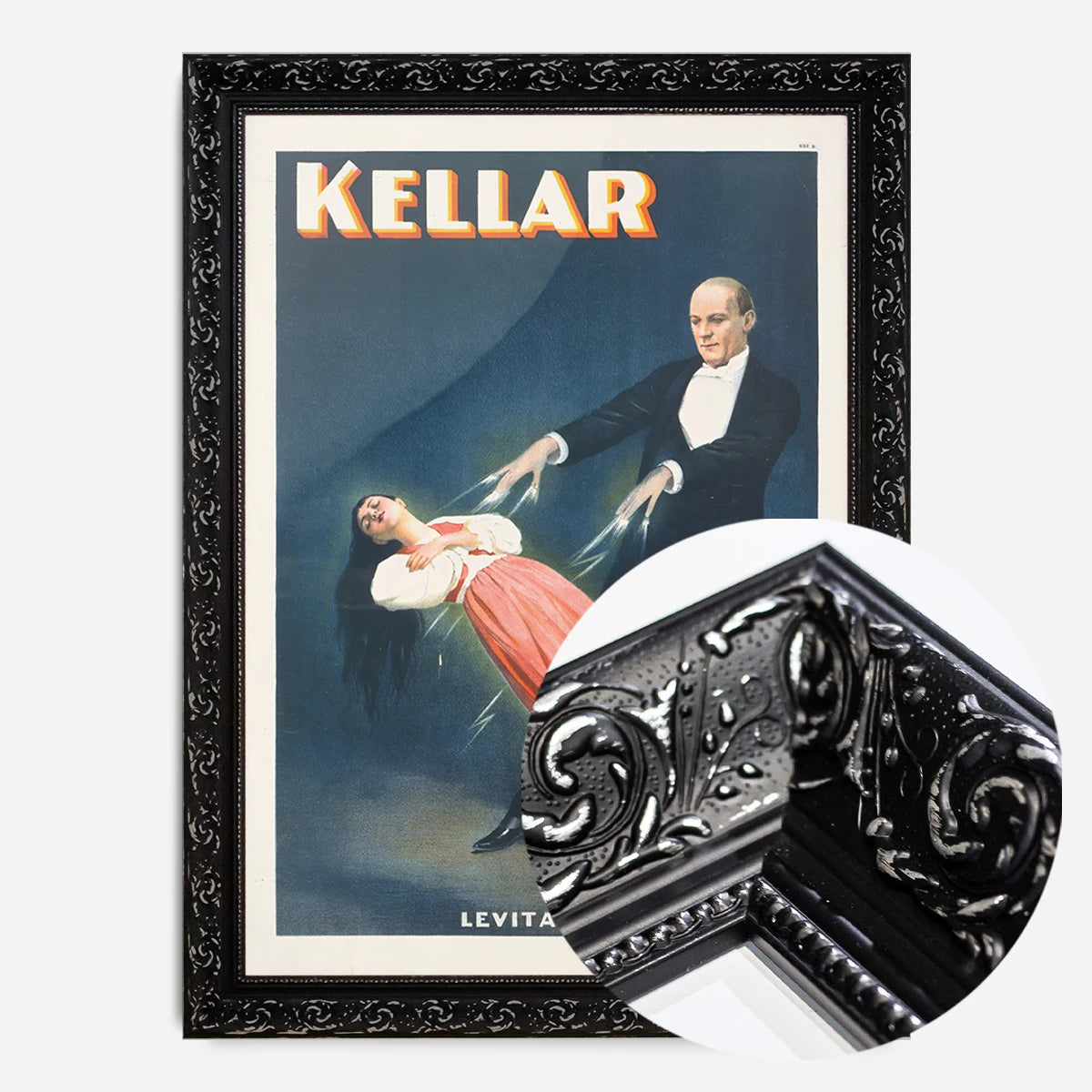 vintage magician levitation print in a black ornate frame, side profile