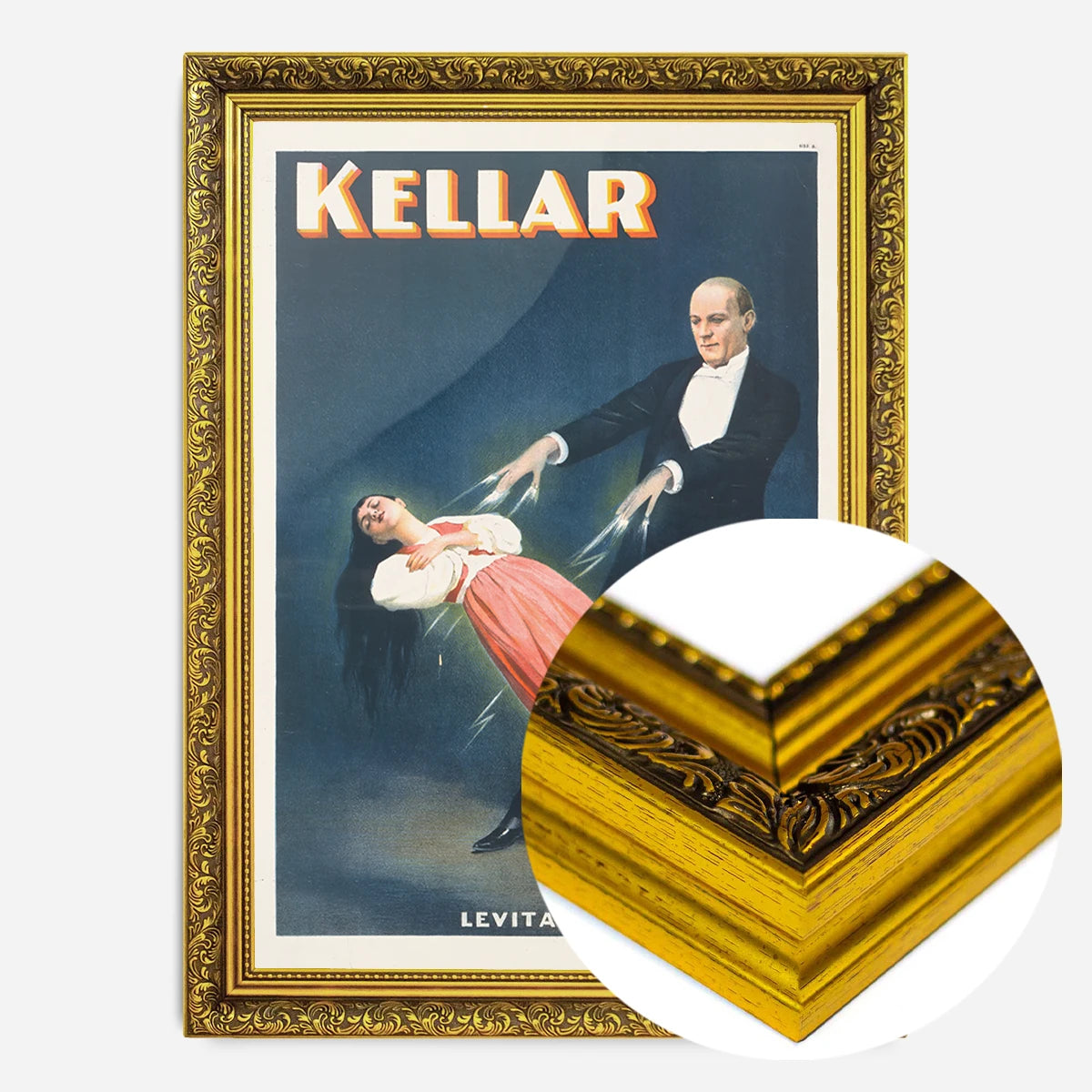 vintage magician levitation print in a gold ornate frame, side profile
