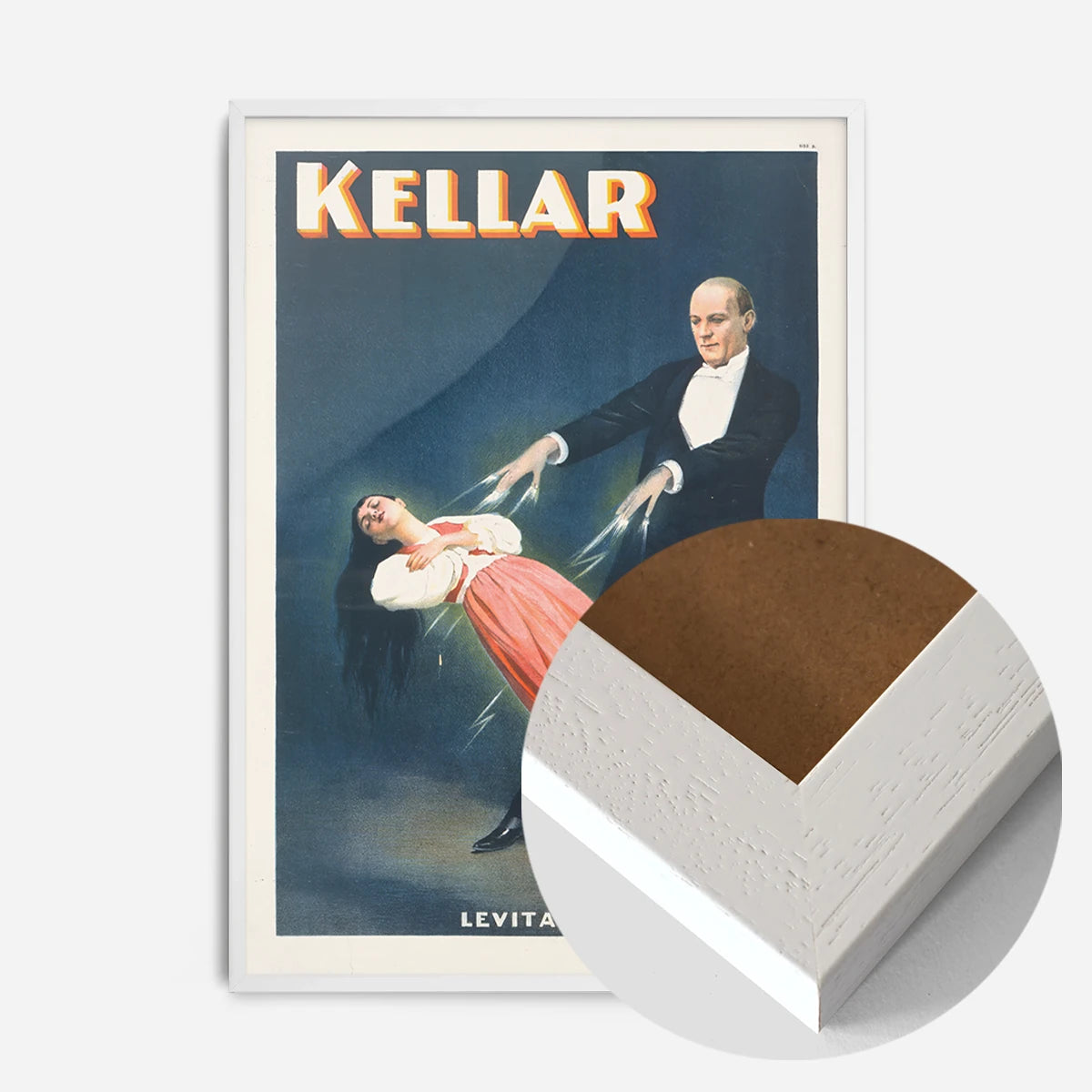 vintage magician levitation print in a white wood frame, side profile