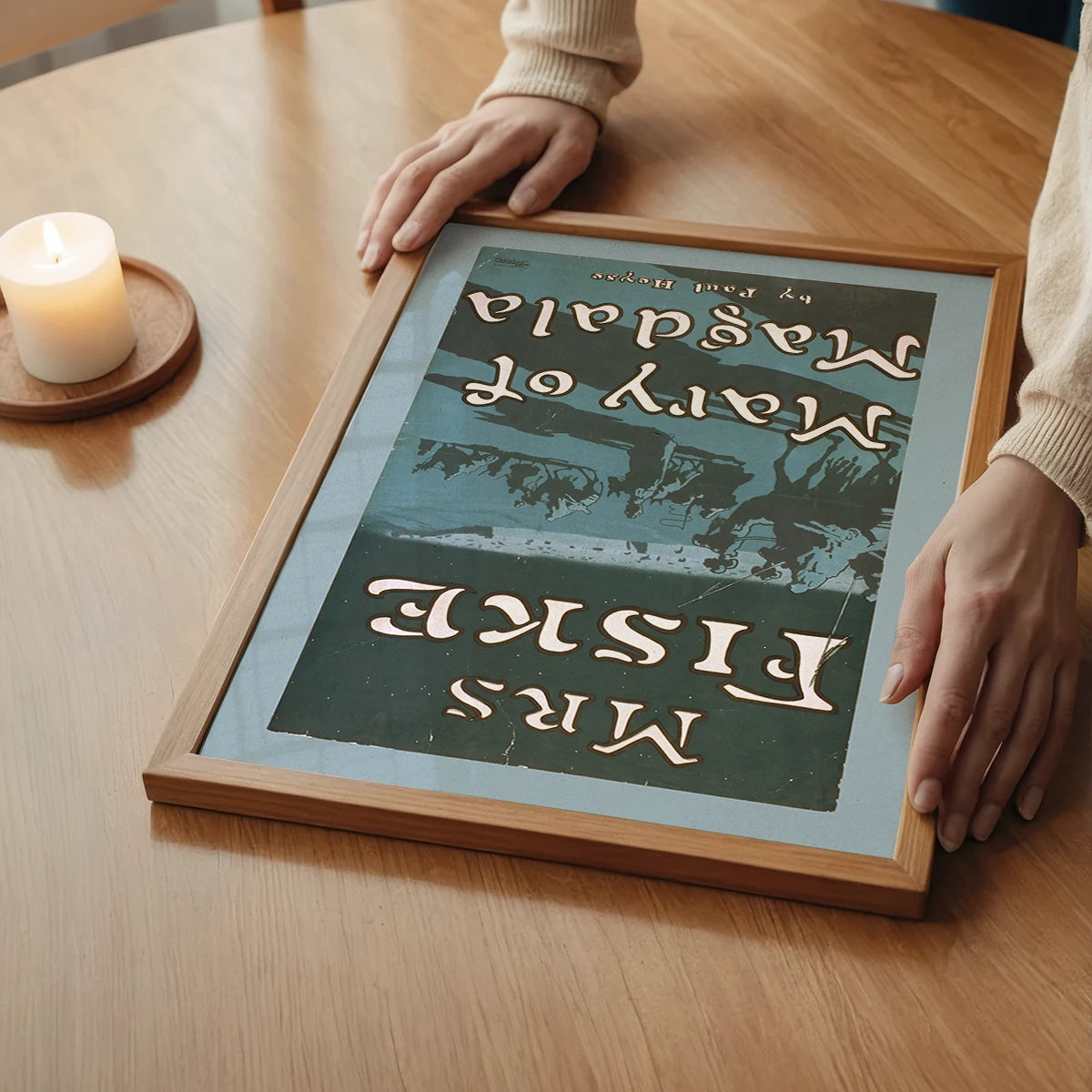Mary of Magdala print with teal desert caravan scene in a bedroom