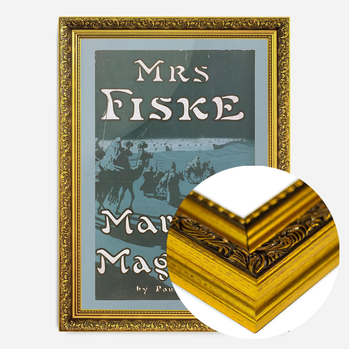 vintage theatre poster caravan print in a gold ornate frame, side profile