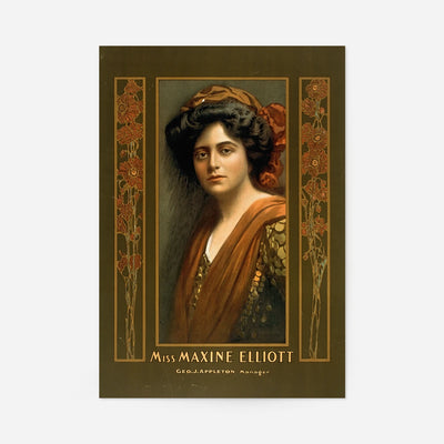 Vintage theatre portrait print of Miss Maxine Elliott in an orange shawl with art nouveau floral borders