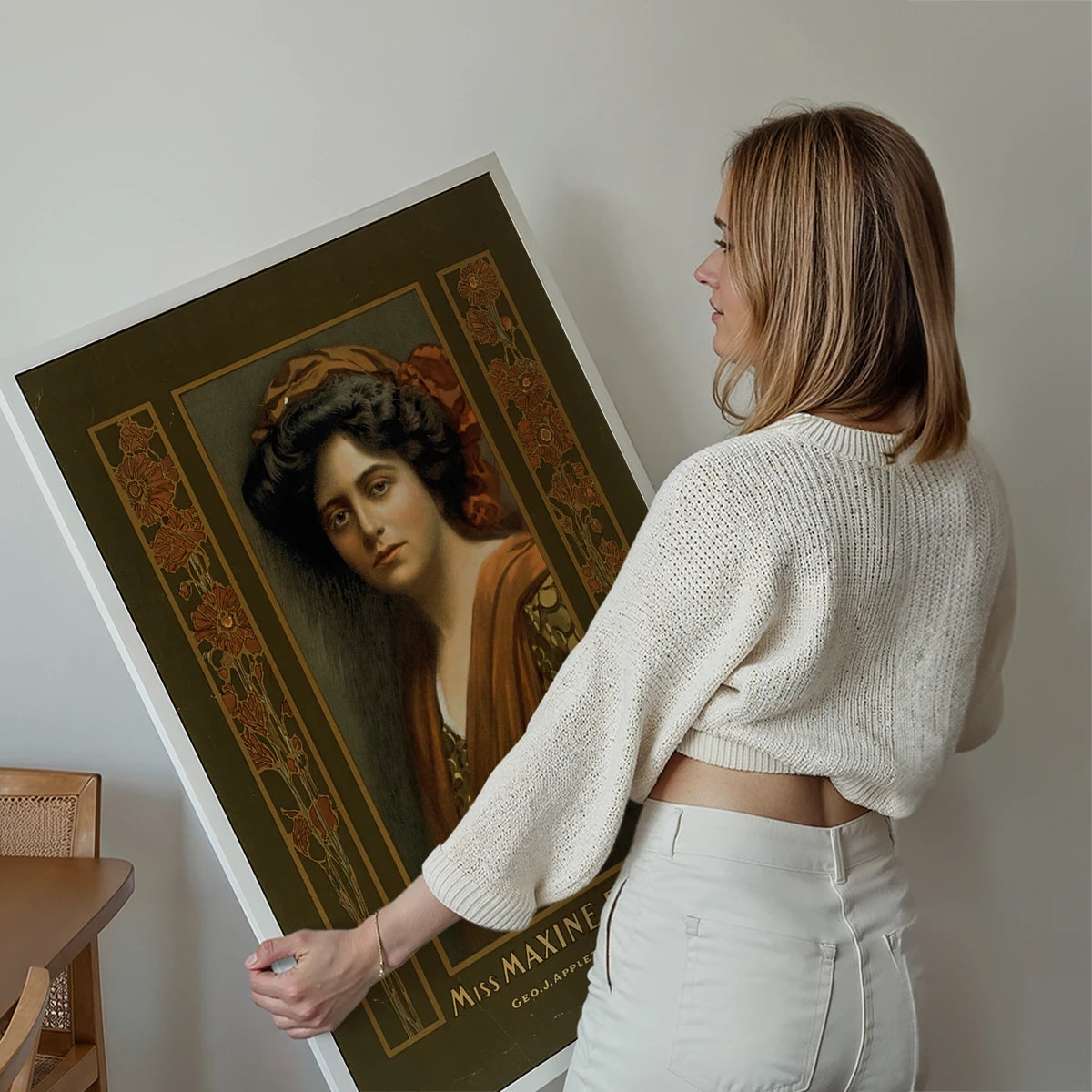 Vintage actress portrait print displayed on a living room wall
