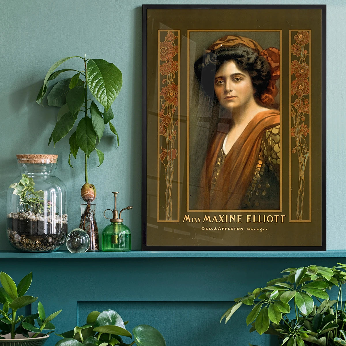 Vintage theatre portrait print on a home office wall