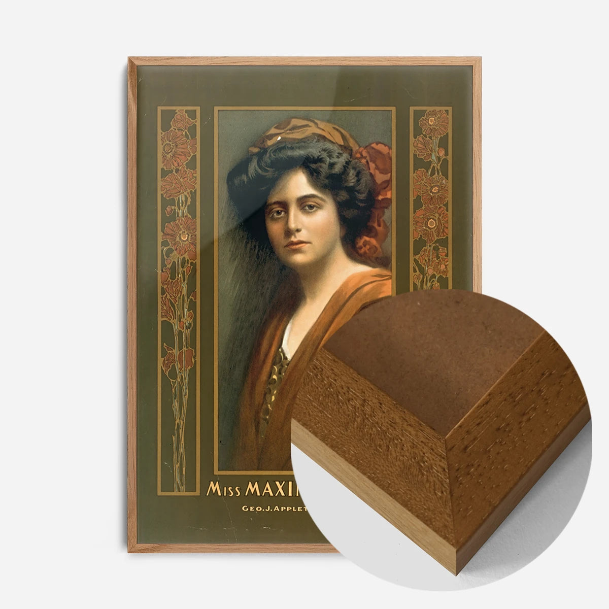 vintage actress portrait print in an oak wood frame, side profile