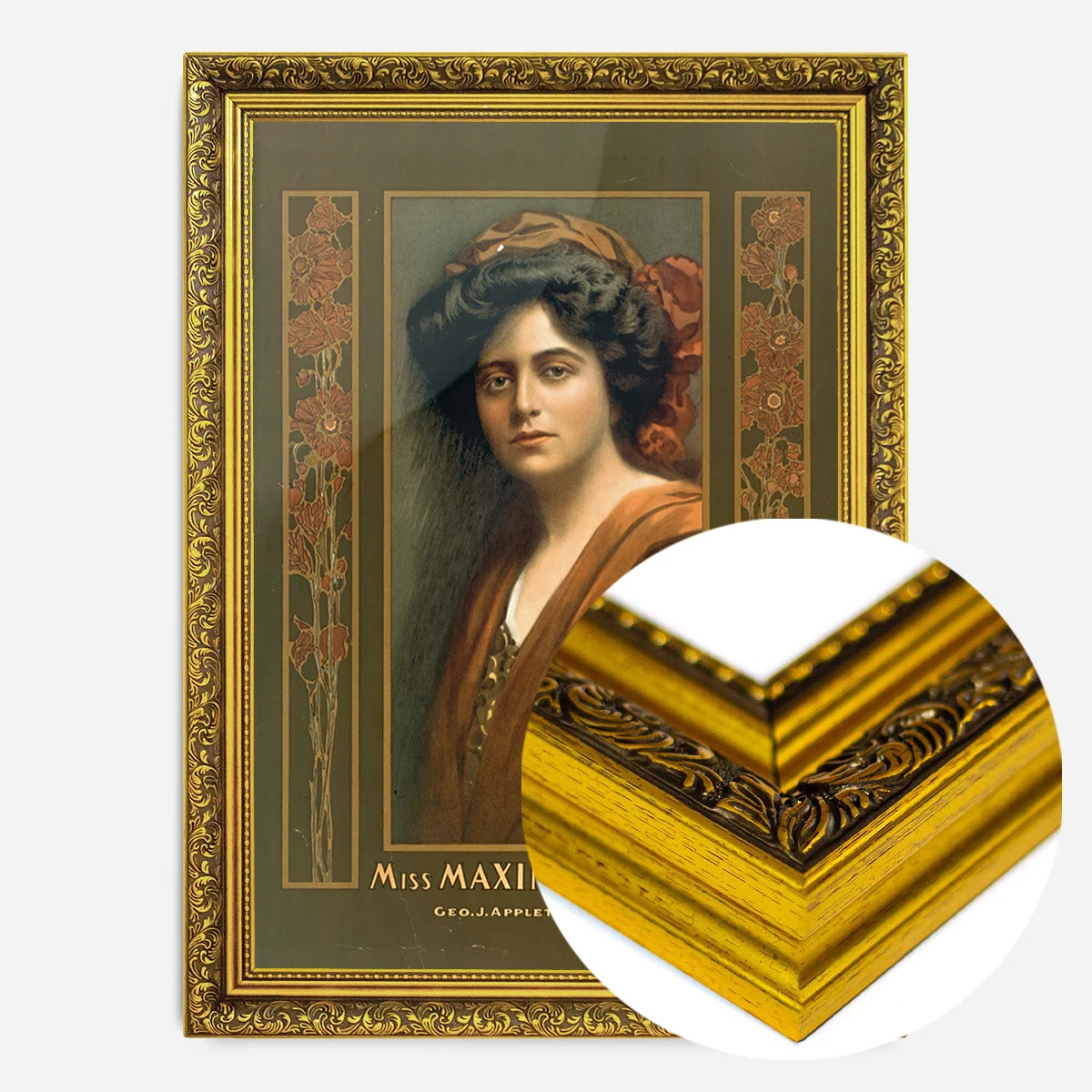 vintage actress portrait print in a gold ornate frame, side profile