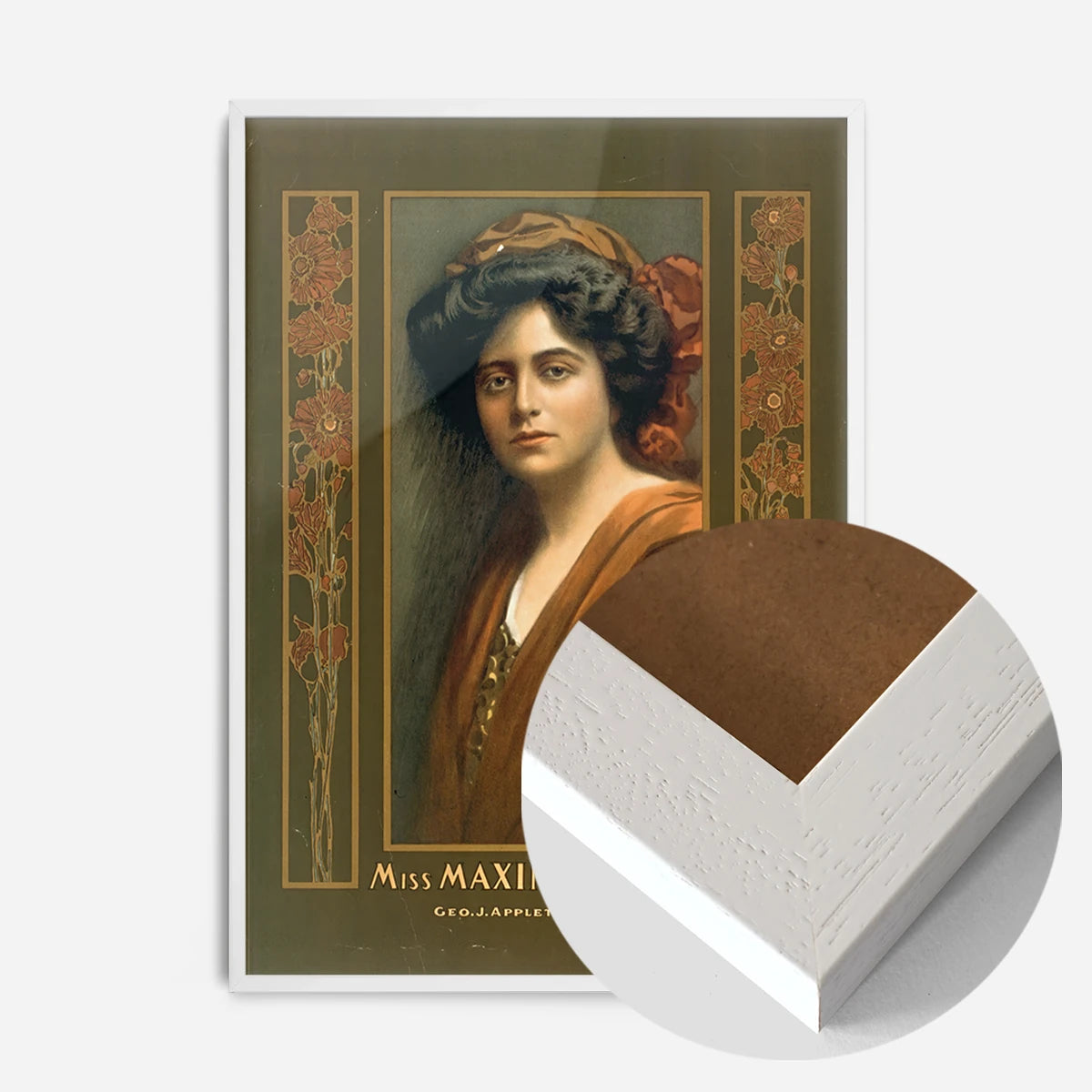 vintage actress portrait print in a white wood frame, side profile