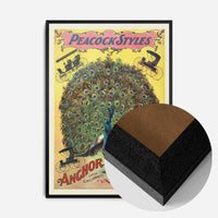 vintage peacock advertising poster print in a black wood frame, side profile
