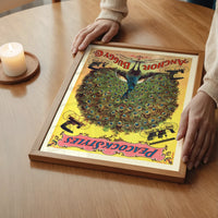 Retro peacock advertising art above a bed in a bedroom