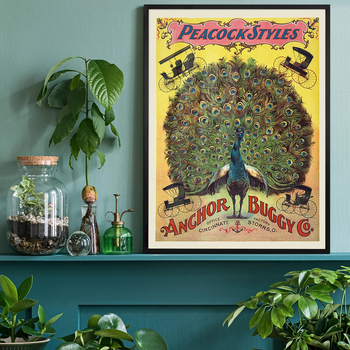 Vintage peacock and buggy poster on a home office wall