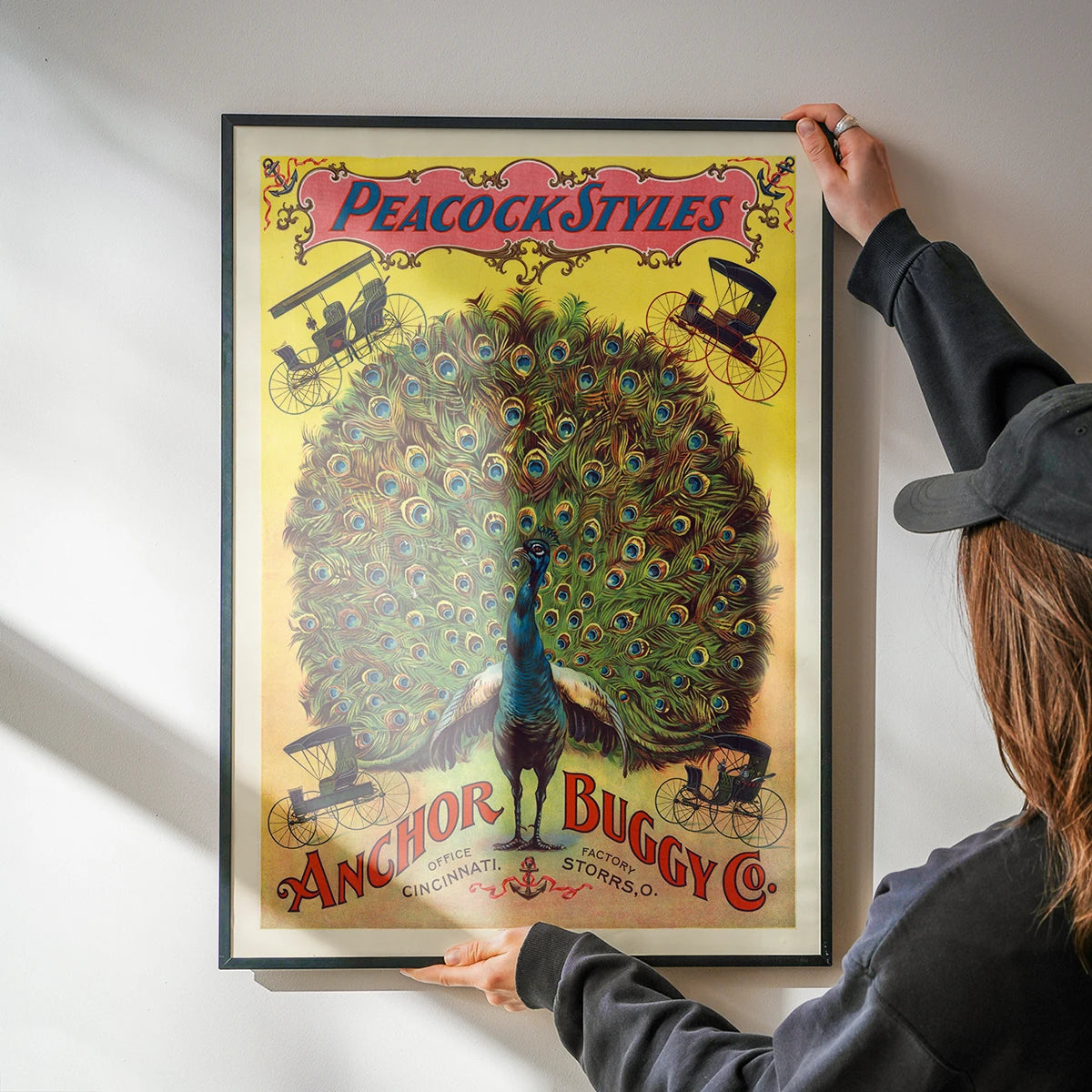 Colourful vintage peacock print brightening a kitchen wall