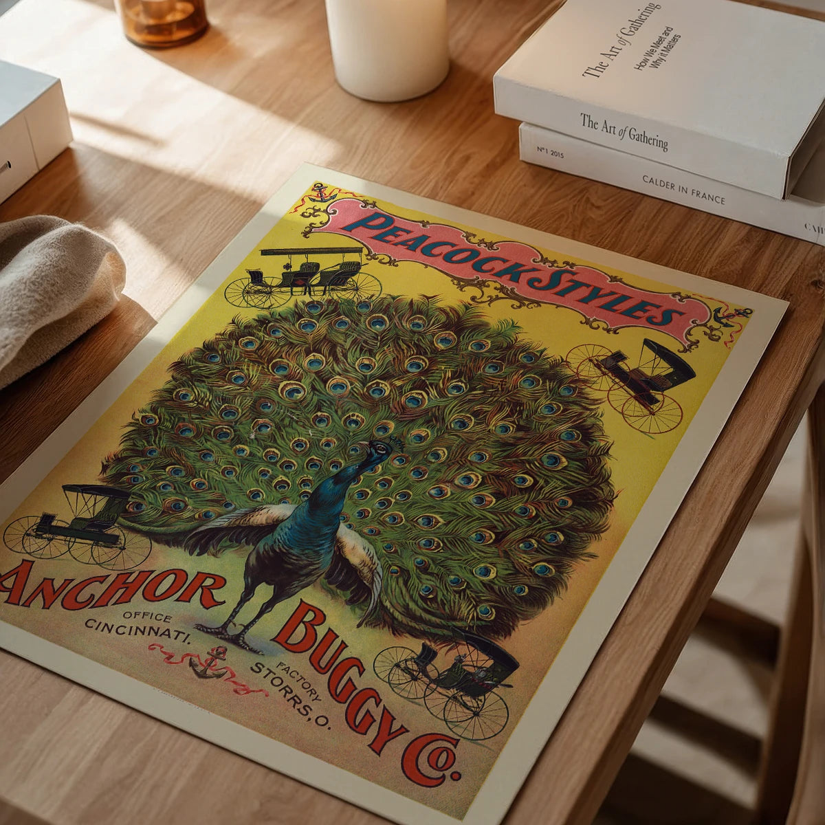 Peacock Styles vintage advertising print on a dining room wall