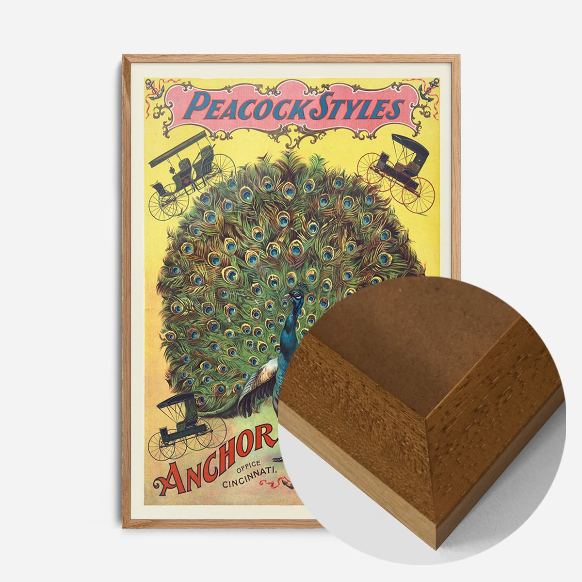 vintage peacock advertising poster print in an oak wood frame, side profile