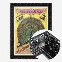 vintage peacock advertising poster print in a black ornate frame, side profile