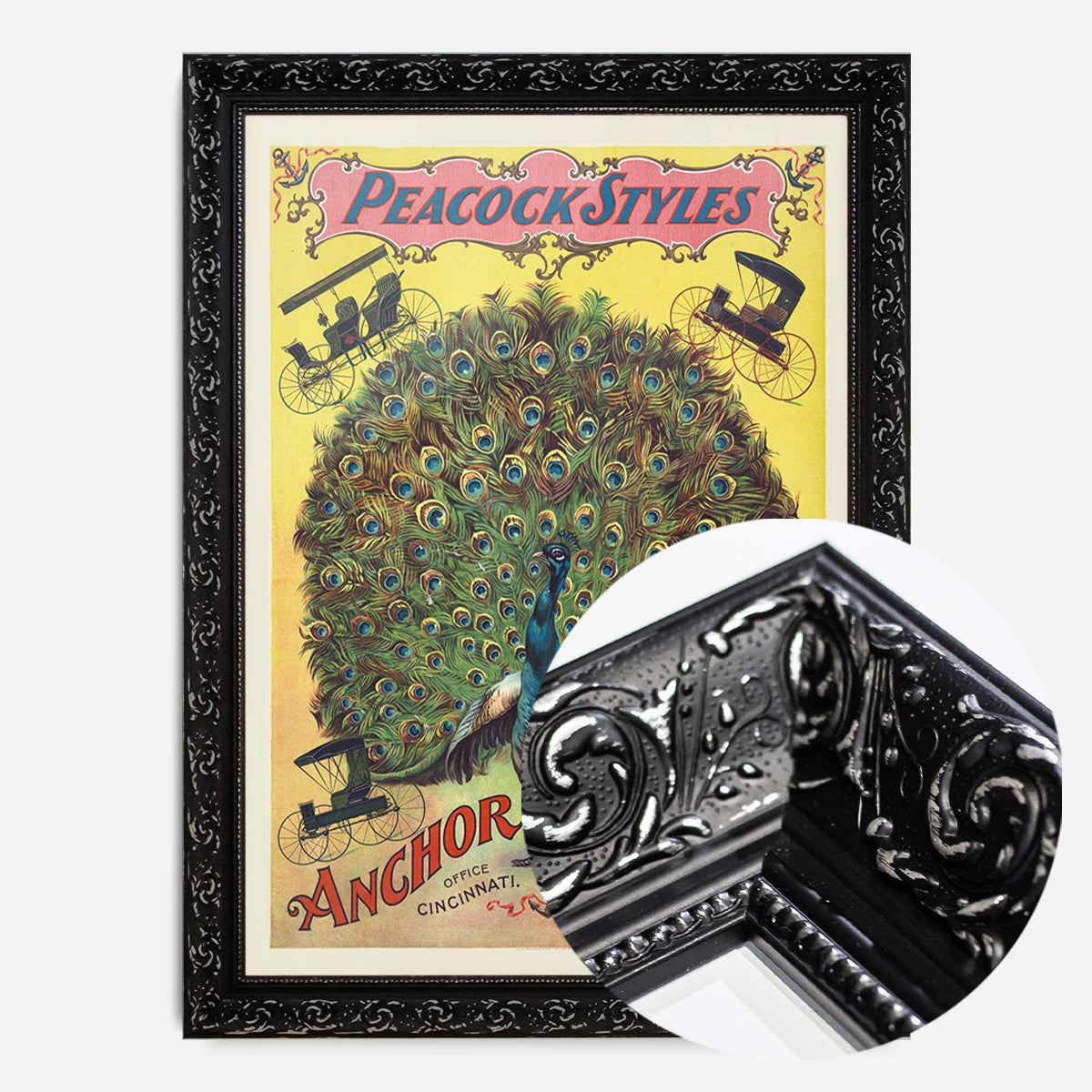 vintage peacock advertising poster print in a black ornate frame, side profile