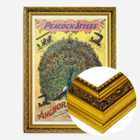 vintage peacock advertising poster print in a gold ornate frame, side profile