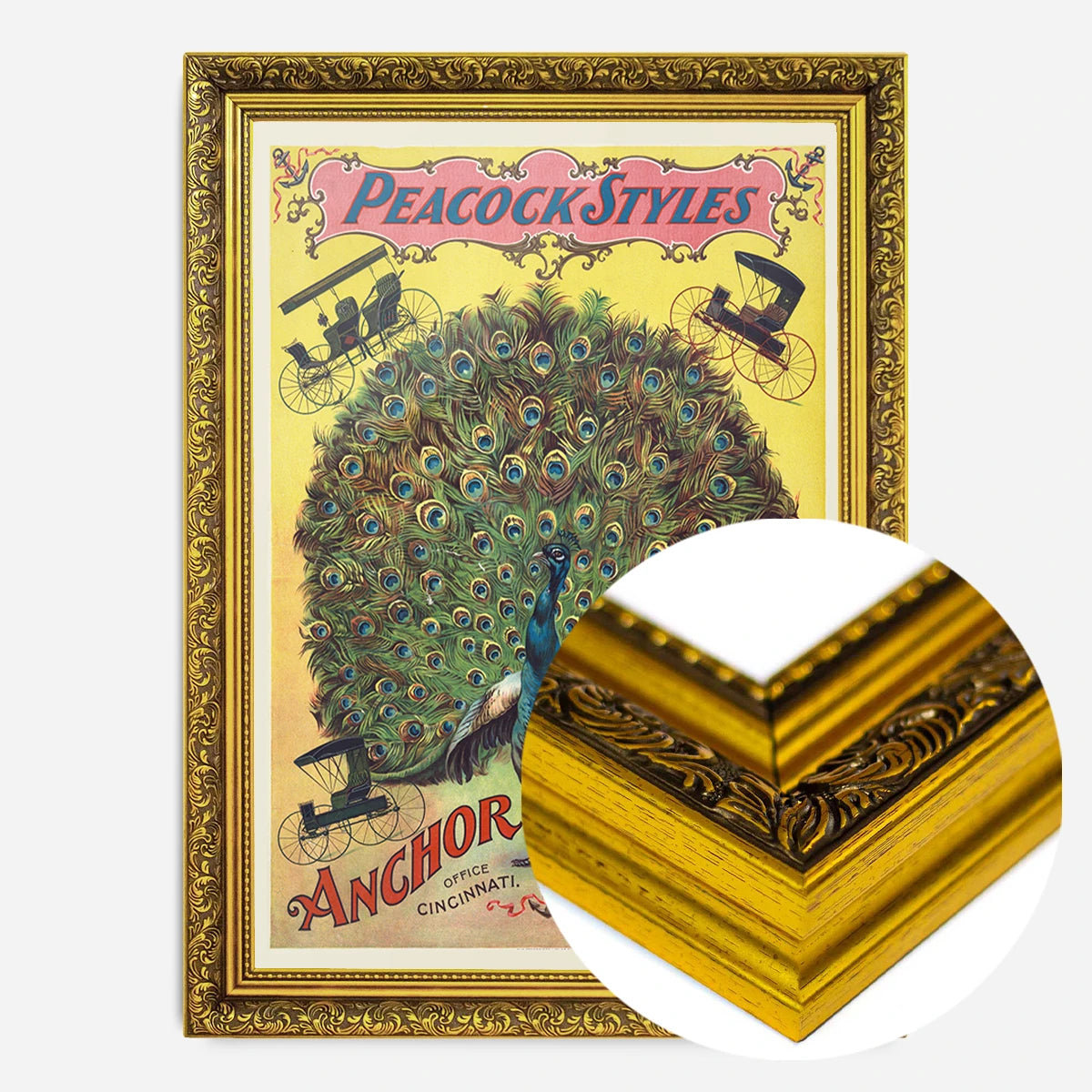 vintage peacock advertising poster print in a gold ornate frame, side profile