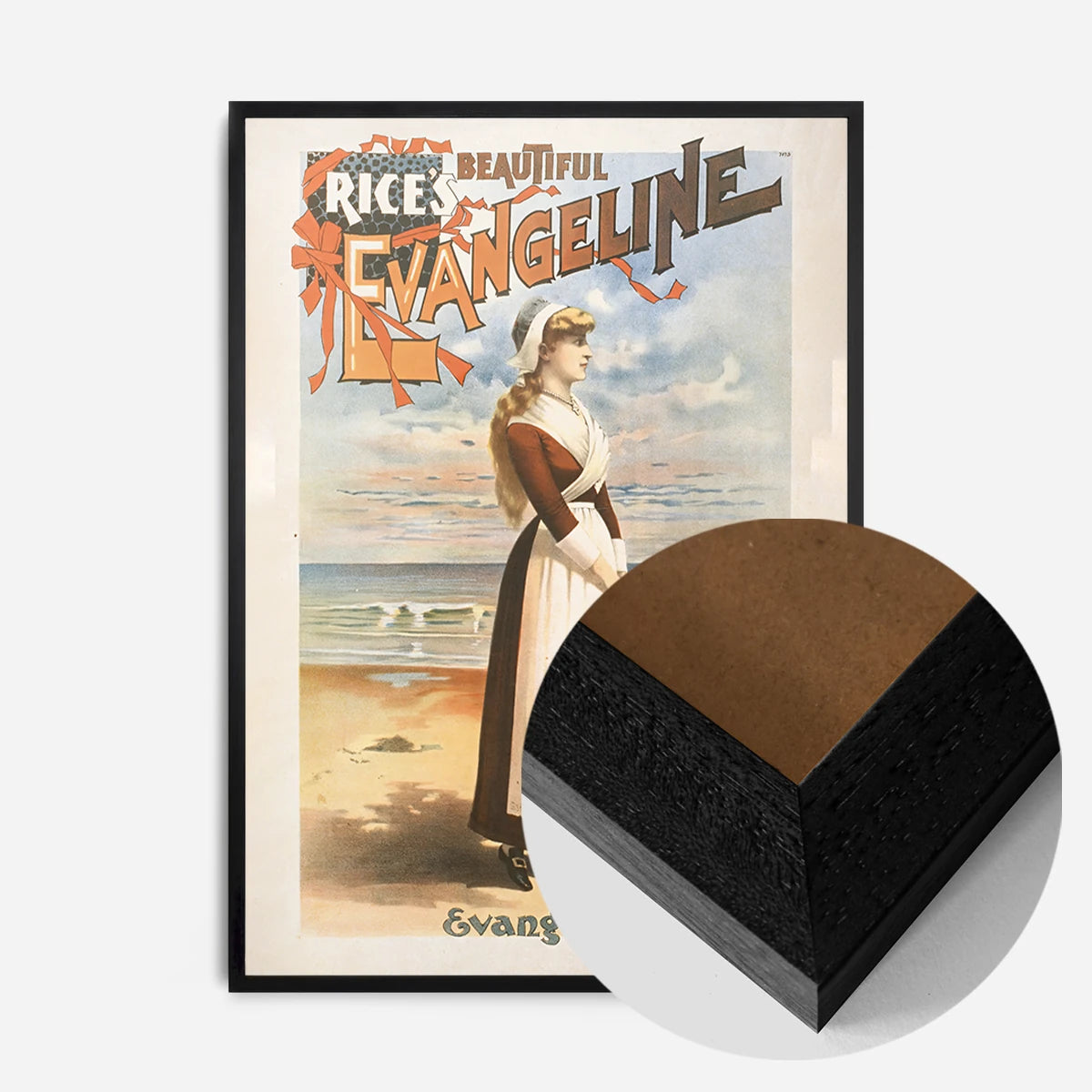 vintage Evangeline theatre poster print in a black wood frame, side profile