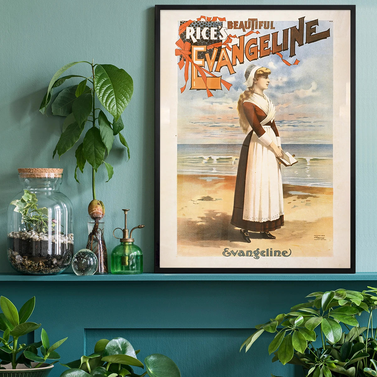 Vintage Evangeline theatre poster framed in a home office