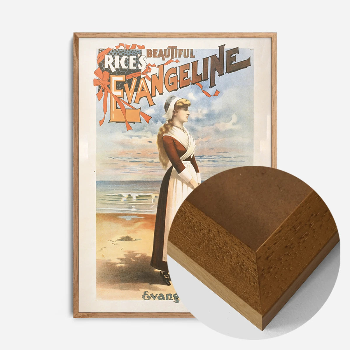 vintage Evangeline theatre poster print in an oak wood frame, side profile