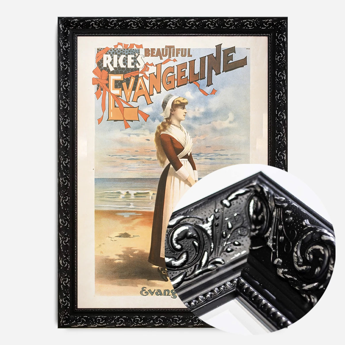 vintage Evangeline theatre poster print in a black ornate frame, side profile