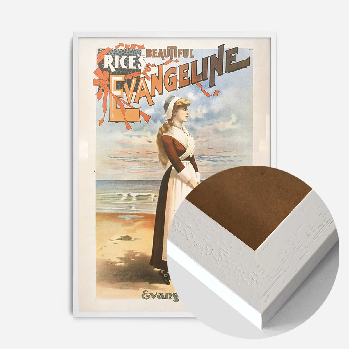 vintage Evangeline theatre poster print in a white wood frame, side profile