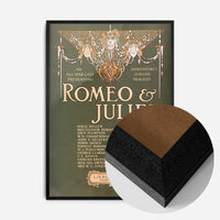 vintage Shakespeare theatre poster print in a black wood frame, side profile