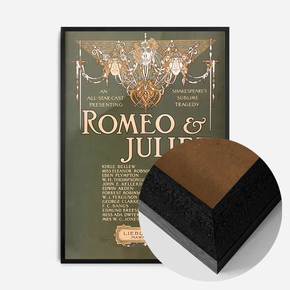vintage Shakespeare theatre poster print in a black wood frame, side profile