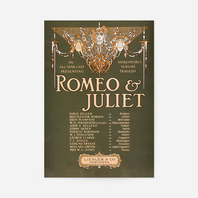 Romeo and Juliet (1903) vintage theatre poster print with art nouveau masks, skull and hearts in orange on olive green