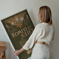 Romeo and Juliet vintage theatre poster print displayed on a living room wall