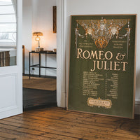 Vintage Shakespeare theatre poster in an art nouveau style hung in a hallway