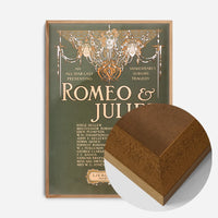 vintage Shakespeare theatre poster print in an oak wood frame, side profile