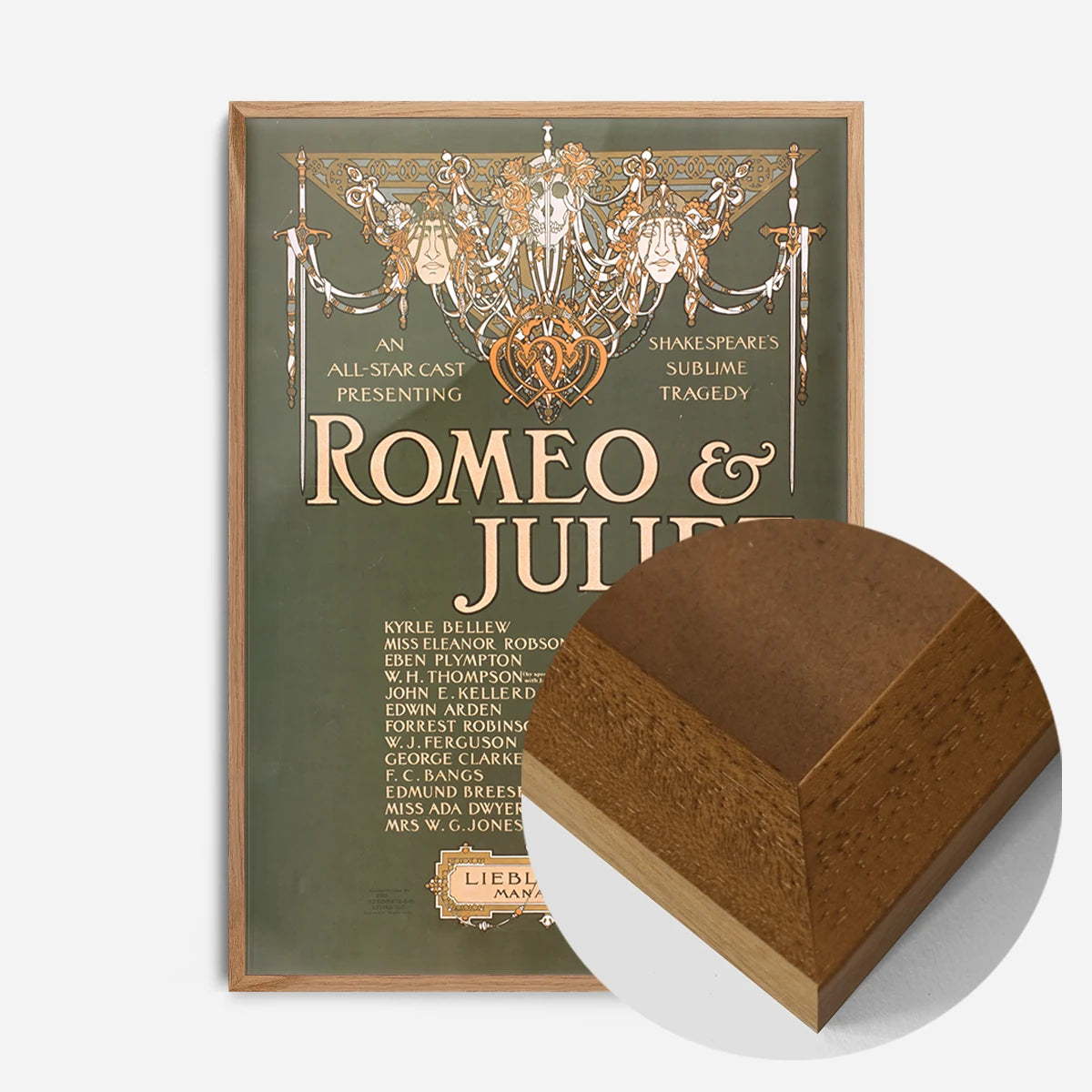 vintage Shakespeare theatre poster print in an oak wood frame, side profile