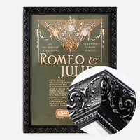 vintage Shakespeare theatre poster print in a black ornate frame, side profile