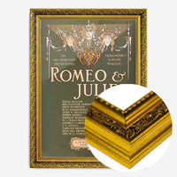 vintage Shakespeare theatre poster print in a gold ornate frame, side profile
