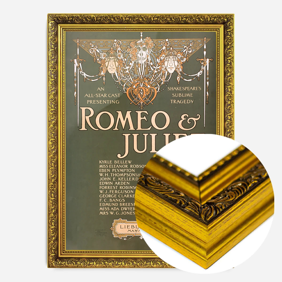 vintage Shakespeare theatre poster print in a gold ornate frame, side profile