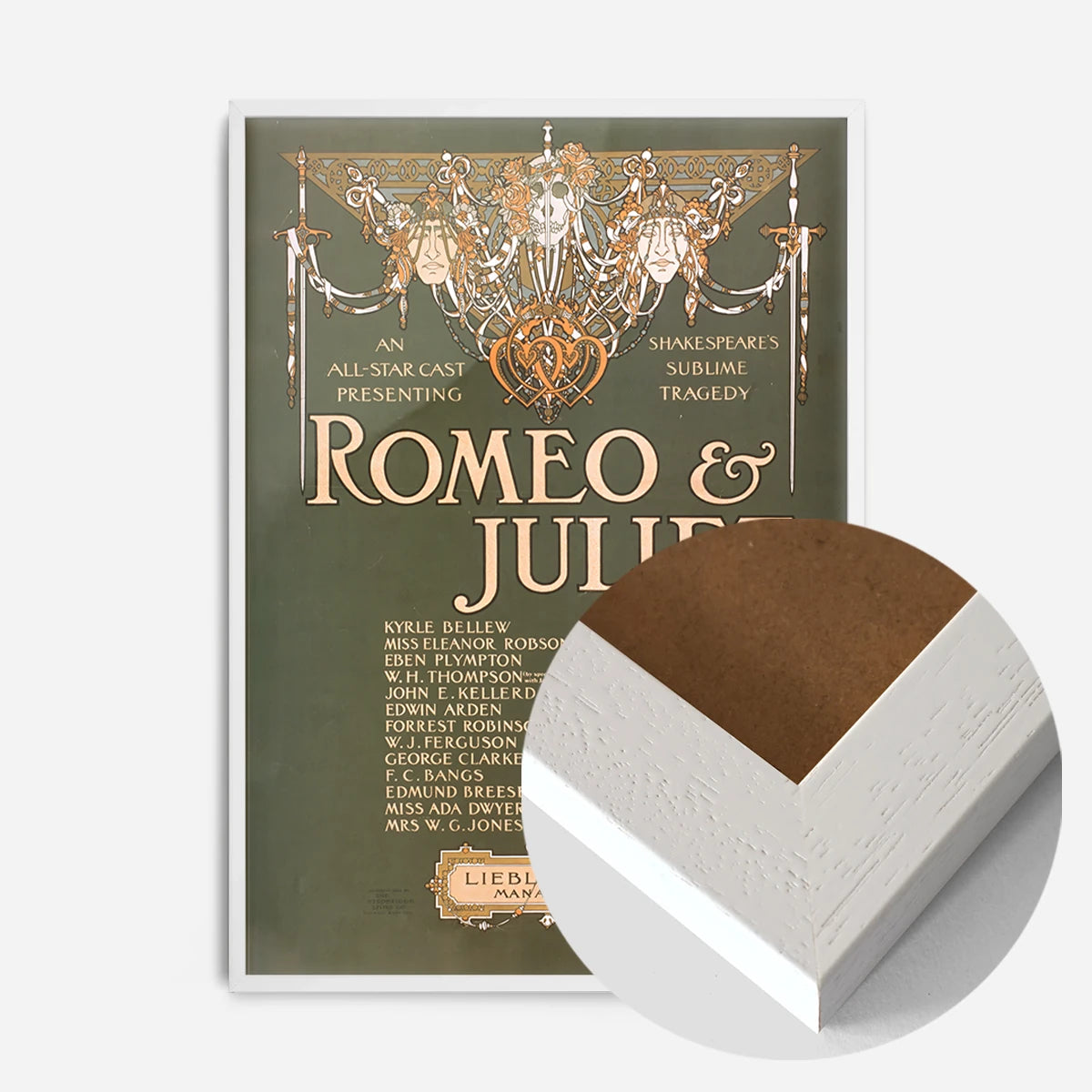 vintage Shakespeare theatre poster print in a white wood frame, side profile