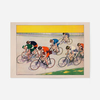 Vintage cycling print of seven bicyclists racing round a velodrome track in 1897, lithograph style illustration