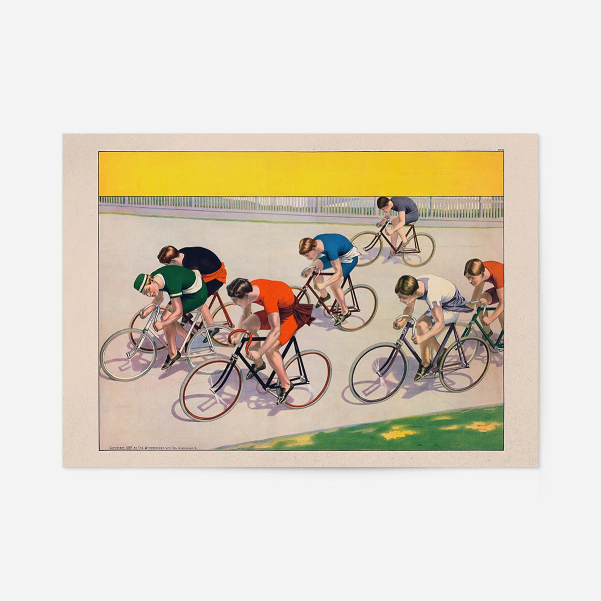 Vintage cycling print of seven bicyclists racing round a velodrome track in 1897, lithograph style illustration
